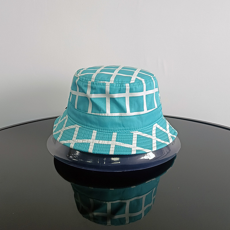 Daewen# bucket hat with digital printing turquoise and white grid pattern